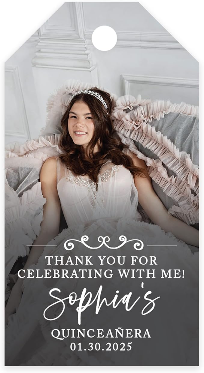 Andaz Press 40-Pack Personalized Quinceañera Favor Tags with String, Classic Thank You for Celebrating with Me Gift Tags with Custom Photo for Mis Quince Años, XV, 15th Birthday, Favor Gifts