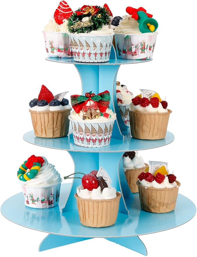 3-Tier Cupcake Stand, Cake Stand holder, Tiered DIY Cupcake Stand Tower for Dessert Table Displays, Birthday Theme Party Favors Decoration, Floral Tea Party, 12" W x 12.8" H, Light Blue