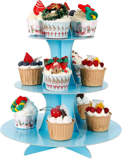2Pcs 3-Tier Cupcake Stand, Cake Stand holder, Tiered DIY Cupcake Stand Tower for Dessert Table Displays, Birthday Theme Party Favors Decoration, Floral Tea Party, 12" W x 12.8" H, Light Blue