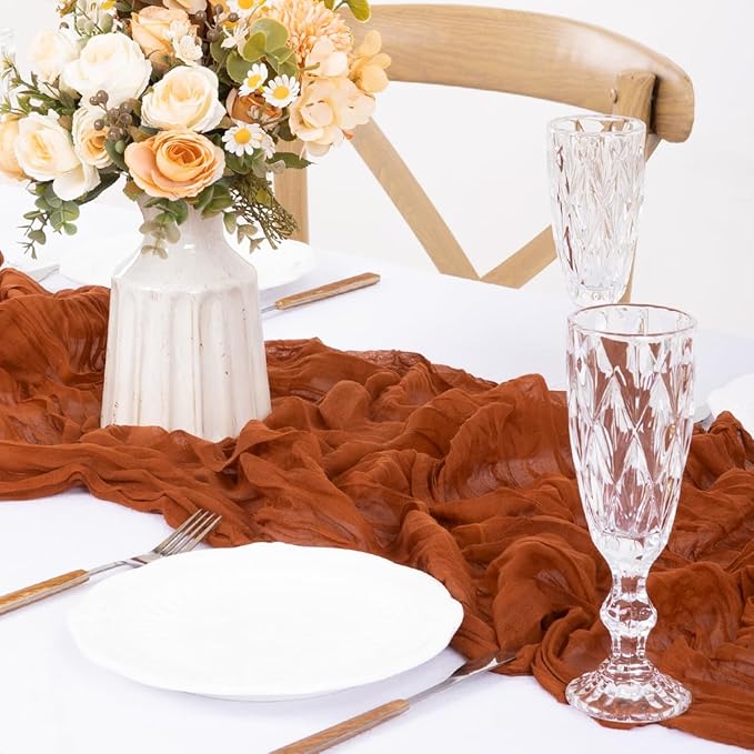 MLMW 3 Pack Fall Thanksgiving Table Runner Cheesecloth Autumn Harvest Rust Terracotta Cheese Cloth Boho Gauze 160 inch Table Runner 13.3ft for Wedding Party Baby Bridal Shower Birthday