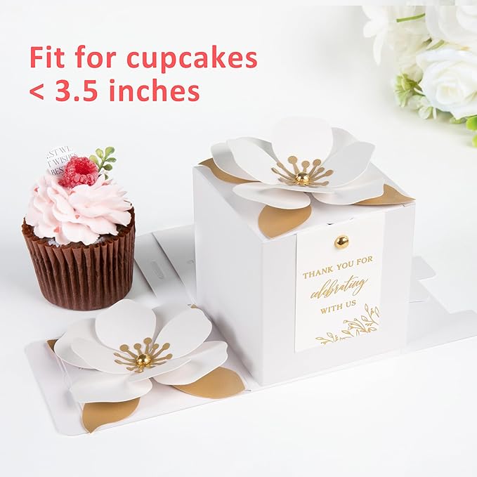 FEIYI 20 PCS White Gift Boxes, 3 In 1 Favor Boxes with Floral Decor, White Thank You Tags Cupcake Containers Gift wrapping for Wedding, Baby Shower, Birthday, Decorations Party - 3.55x3.55x3.55