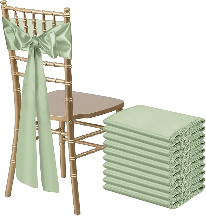 10 PCS Sage Green Satin Chair Sashes Bows Universal Chair Ribbon Ties Back Sash for Wedding Party Reception Events Banquets Hotel Event Chair Cover Decoration (7x108 inch)