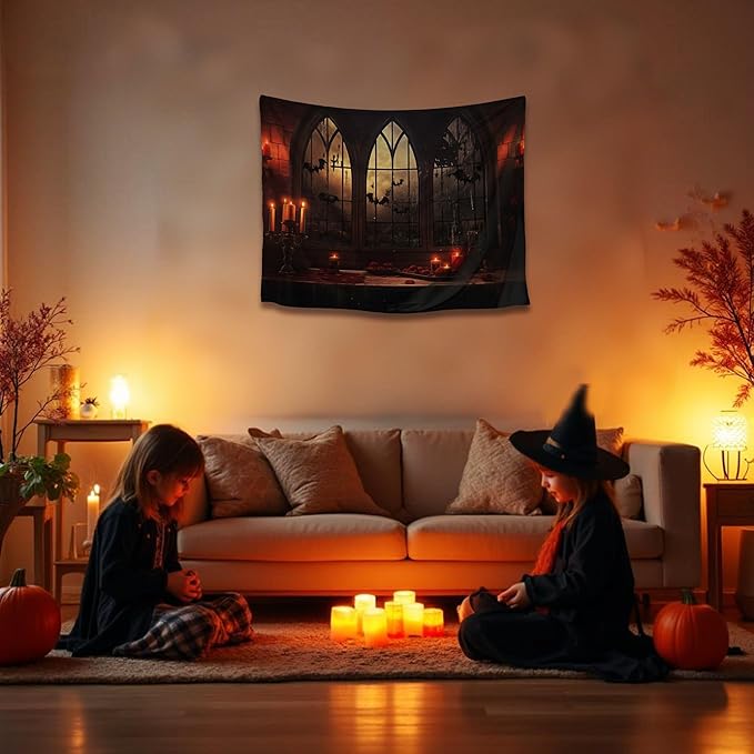 QGHOT Halloween Tapestry Wall Hanging Horror Castle Window Tapestry Gothic Spooky Backdrop Vampire Medieval Tapestries for Bedroom Living Room Dorm Wall Art Decor (28.7"x37.4")