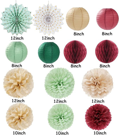 Sage-Olive Green Burgundy Champagne-Gold Party-Decorations - 14pcs Birthday Boho Paper Lanterns Fan Streamers,Tissue Pom Poms, Christmas Baby Bridal Shower Wedding Engagement Decor Lasting Surprise