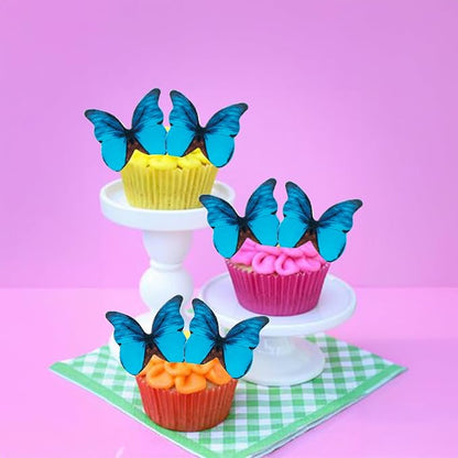 Ephlyn 48Pcs Edible Butterfly Cupcake Toppers 3D Cute Butterfly Cake Picks for Baby Shower Bridal Shower Boys Girls Birthday Party Cake Decorations Supplies Blue