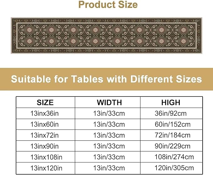 Vintage Boho Floral Table Runner, Rustic Country Farmhouse Brown Bohemia Flower Pattern for Home Kitchen Table Decor Dining Coffee Room Party Decor 13x60in