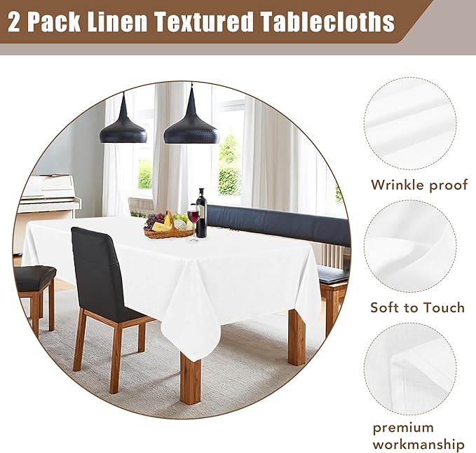 Fitable Faux Linen Tablecloths Rectangle 60 x 102 Inch - 2 Pack Textured Table Clothes for 6 Foot Tables, White Faux Burlap Kitchen Table Covers for Wedding, Party, Farmhouse, Banquet, Dining