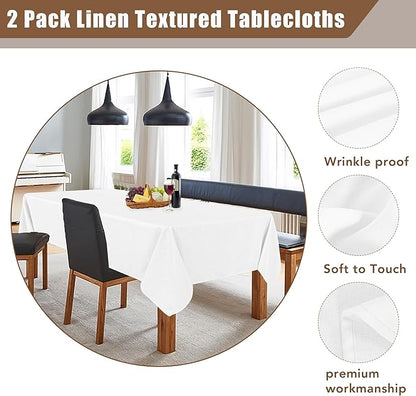 Fitable Faux Linen Tablecloths Rectangle 60 x 102 Inch - 2 Pack Textured Table Clothes for 6 Foot Tables, White Faux Burlap Kitchen Table Covers for Wedding, Party, Farmhouse, Banquet, Dining