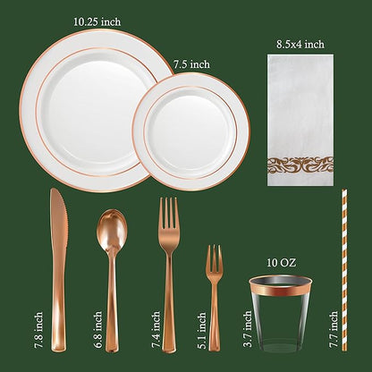 Neatiffy 225 Pcs Rose Gold Rim Plastic Dinnerware Set (25 Guests) | 25 x (Dinner Plate, Dessert Plate, Plastic Silverware, Cup, Napkin, Straw) | For Wedding, Luxurious Party, Special Event