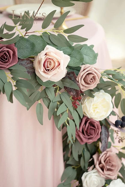 Ling's Moment 9FT Eucalyptus and Willow Leaf Garland with White Flower, Handcrafted Wedding Sweetheart Table Centerpieces Head Table Decor Arch Backdrop Decorations for Wedding | Dusty Rose & Mauve