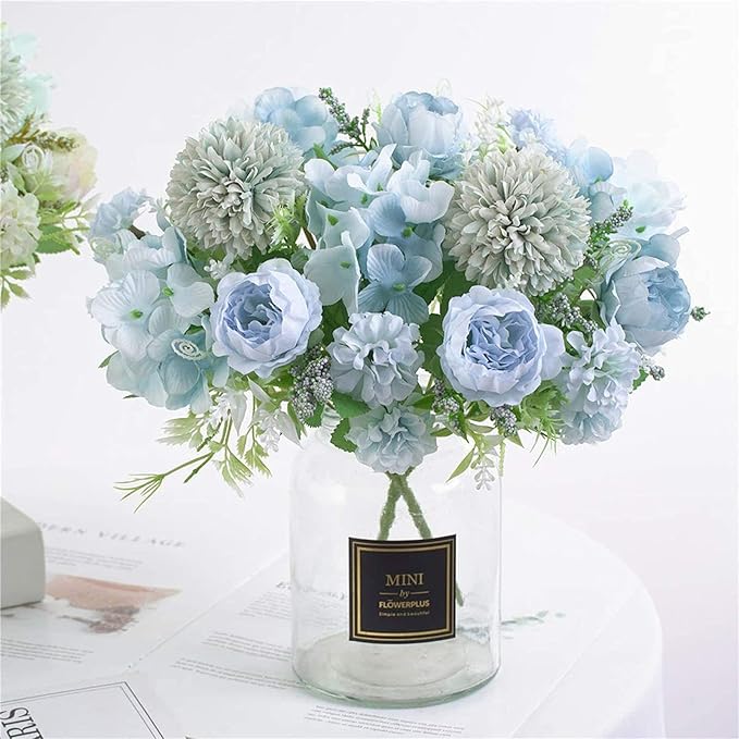 Artificial Flowers, 4 Packs Blue Fake Peony Silk Hydrangea Bouquet Decor Plastic Carnations Daisy Realistic Flower Home Office Party Decor Arrangements Wedding Decoration Table Centerpieces
