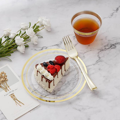 BESTVIP 150PCS Plastic Dinnerware Set (25 Guests), Clear Gold Disposable Plates for Party, Wedding, Christmas, Anniversary, Includes: Dinner Plates, Dessert Plates, Cups, Spoons, Forks and Knives