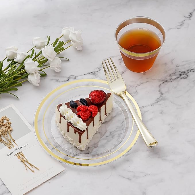 BESTVIP 600PCS Clear Gold Dinnerware Set for 100 Guests, Plastic Plates for Party, Christmas and New Year, 100 Disposable Plates, 100 Dessert Plates, 100 Cups, 100 Spoons, 100 Forks and 100 Knives