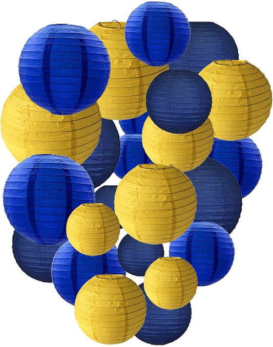 Blue Yellow Paper Lanterns Decorative, Chinese/Japanese Hanging Round Paper Lanterns Decorations for Wedding, Graduation, University, College, High School, Birthday (12 PCS)
