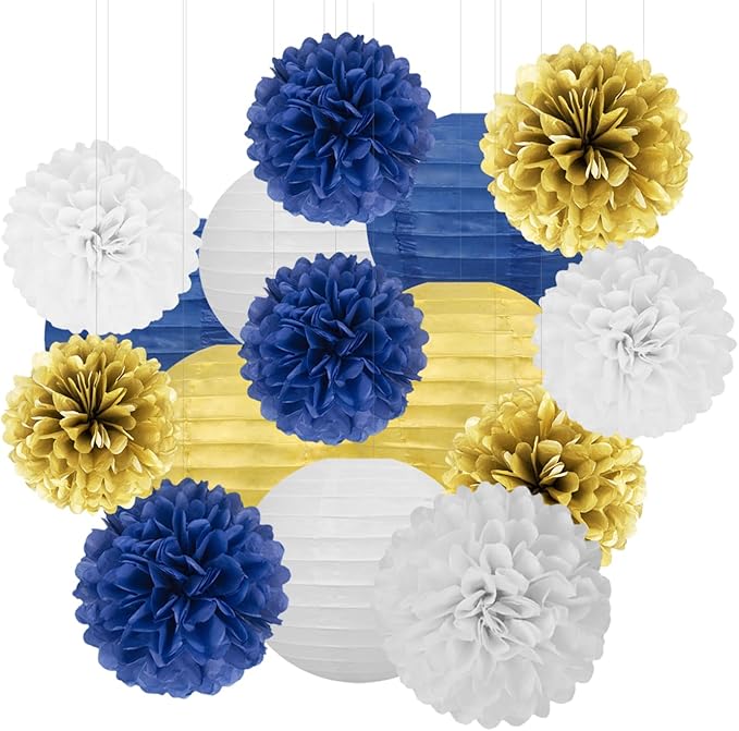 Navy-Blue White Gold Party Decorations - 15Pcs Tissue Pom Poms Paper Flowers Paper Lanterns Graduation Men Boy Birthday Wedding Bridal Baby Shower Father Day Decorations Supplies HongTongTong