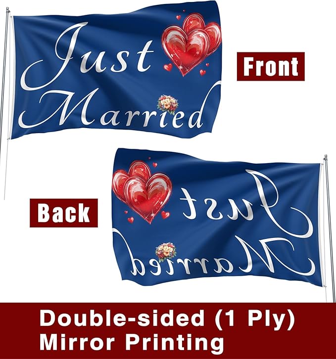 Just Married Flag Banner Outdoor Indoor Decoration Flag 3x5 FT Double Stitched Polyester with Brass Grommets (Blue)