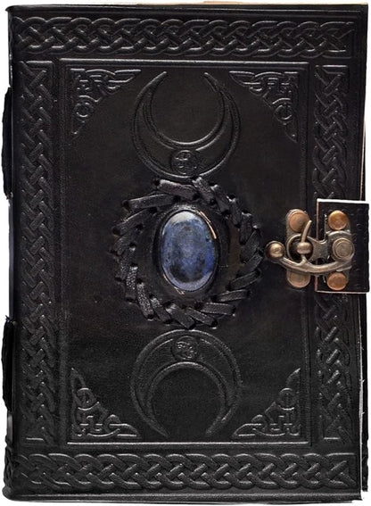 3 Moon Blue Lapiz Embossed Vintage Leather Journal | 240 Pages of Antique Handmade Deckle Edge Vintage Paper, Leather Sketchbook, Drawing Journal, Great Gift (5 by 7 inch, black)