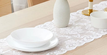 LinenZone White Table Runner with 2 Tassels for Rustic Vintage Decor. Lace Table Runner Works Great As Wedding, Thanksgiving or Christmas Decor (Mia 14 x 36, White)
