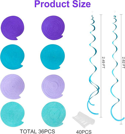 36 Pcs Mermaid Hanging Swirl Decorations Teal Purple Felt Swirl Streamer Spiral Ceiling Decorations Garland for Little Mermaid Under The Sea Birthday Wedding Bridal Shower Baby Shower Party Supplies
