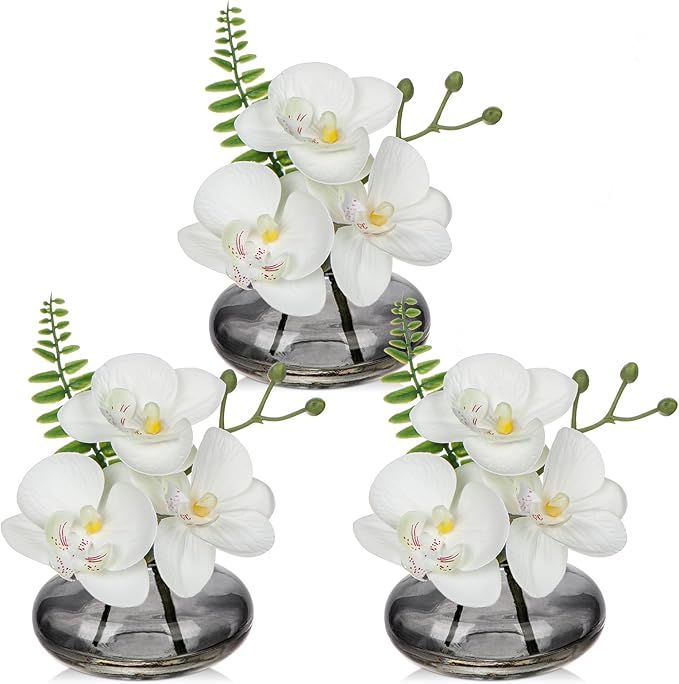 White Orchids Artificial Flowers Faux Orchids Arrangement in Black Glass Vases Set of 3 Real Touch Phalaenopsis Orchid Flowers Small Fake Orchid Centerpiece for Dining Room Table