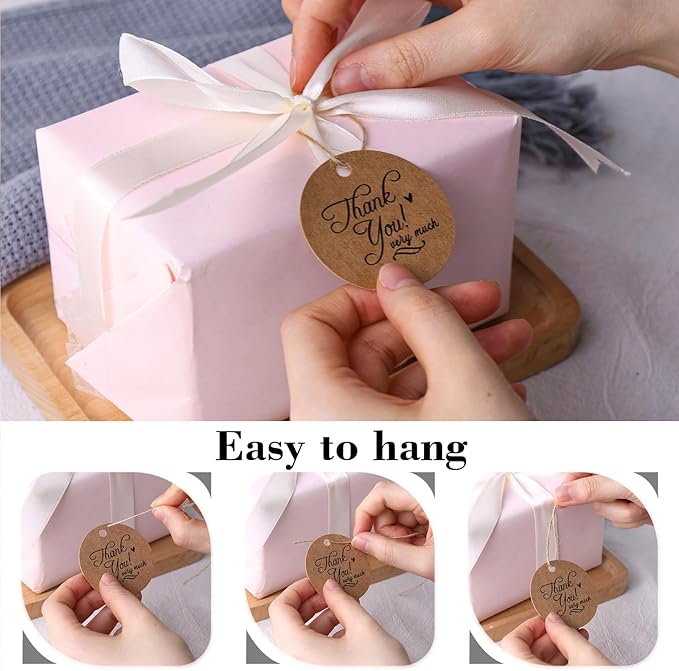 SallyFashion 120PCS Thank You Gift Tags, Round Brown Paper Tags with String 2inch Circle Labels for Birthday Wedding Party Gift Baby Shower