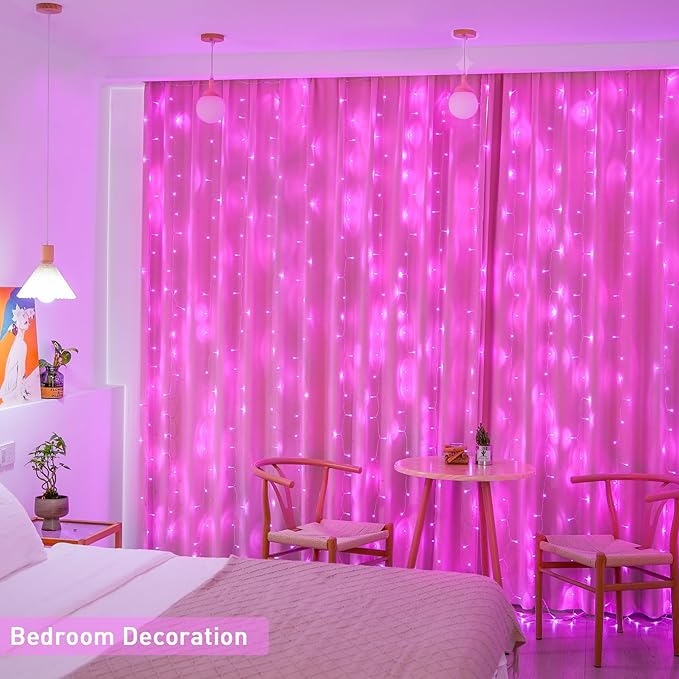 JMEXSUSS 300 LED Curtain Lights Plug in with Remote, 9.8X9.8FT Pink Christmas Lights Indoor, 8 Modes Pink String Lights for Bedroom Window Wall Party Backdrop Xmas Valentine Decorations