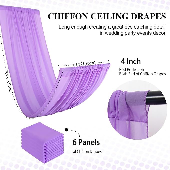 DUOBAO Lavender 5x20ft Chiffon Drapes | Elegant Sheer Wedding Backdrop Curtains | Perfect for Tent, Banquet Hall, and Photography