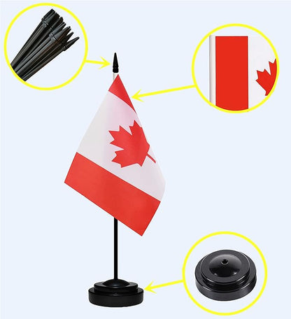 Canada Canadian Deluxe Desk Flag Set Small Mini Miniature CA Canadian Table Desktop Flags With Solid Pole, Black Base and Spear Top(2 Pack)