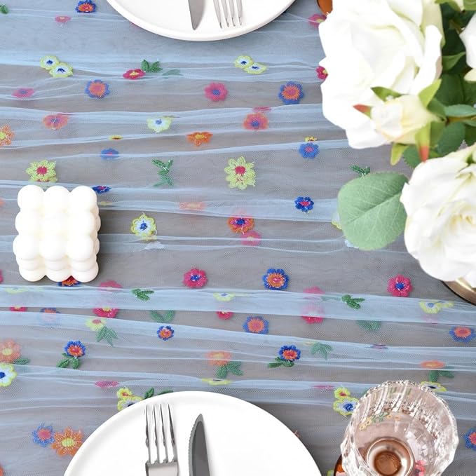 Joanlody Blue Embroidery Daisy Fall Thanksgiving Table Runner Florals Seasonal Tulle Table Runner Holiday Kitchen Dining Table Decoration Wedding Party