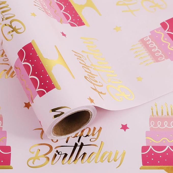 Aimyoo Pink Birthday Wrapping Paper Roll - 17 Inch X 16.4 Feet - Gold Foil Celebration Cake, Happy Birthday Lettering Design Gift Wrap for Kids, Baby Showers