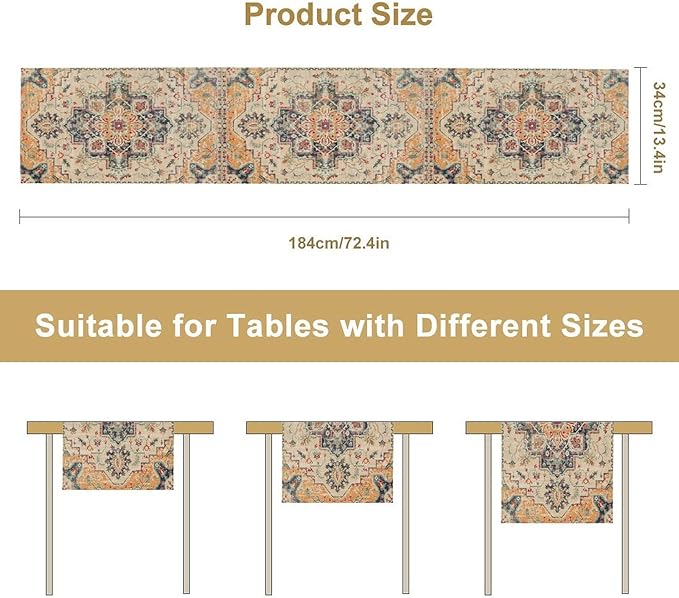 Bohemia Orange Table Runner, Rustic Farmhouse Vintage Geometric Floral Print Table Cover for Home Kitchen Dining Table Party Decor, 13x90inch