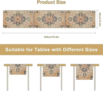 Bohemia Orange Table Runner, Rustic Farmhouse Vintage Geometric Floral Print Table Cover for Home Kitchen Dining Table Party Decor, 13x90inch