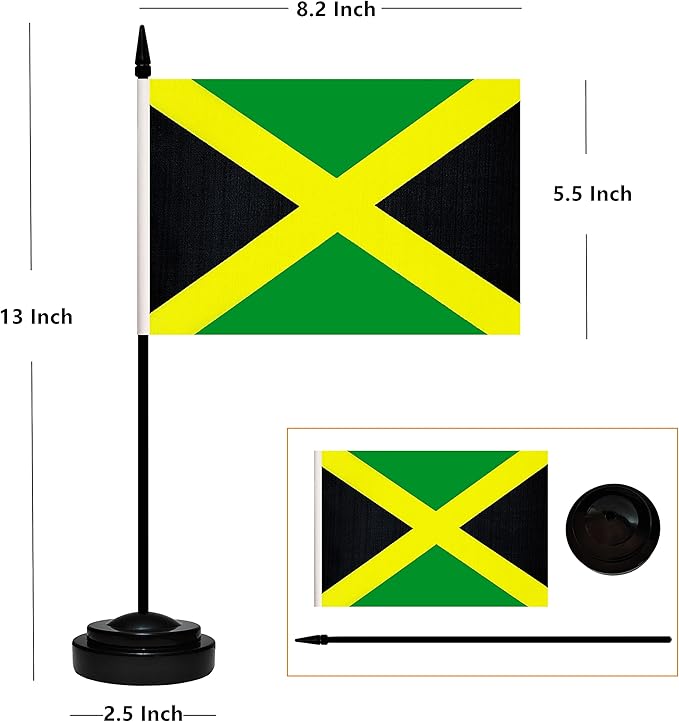 12 Pack Jamaica Desk Flags Set, Jamaican Small Mini Table Office Flags with 12" Solid Black Pole, 8.2 x 5.5 Inches, Home and Office Decoration, Festival Celebrations