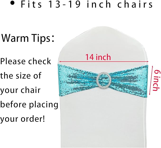 Chair Sashes Sequin Stretch Chair Bands Spandex Polyester Bows for Party Hotel Wedding Banquets Decoration - 6 Pcs Aqua