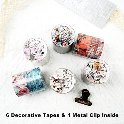Vintage Floral Washi Tape Set – 6 Rolls, 2M Non-Repeating Flower Collage Designs, Decorative Craft Tape for Scrapbooking, Journals, Planners with Accessory Clip Included