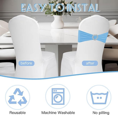 100 Pack Spandex Stretch Blue Chair Sashes Bows Universal Elastic Light Blue Chair Cover Bands Ties with Buckle Slider for Wedding Party Banquet Ceremony Reception Event Decorations
