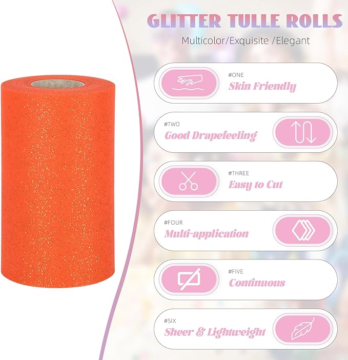 Glitter Tulle Rolls 6” by 50 Yards Sparkle Tulles Fabric Ribbon Sequin Tulle Netting Rolls for DIY Tutu Skirt Wedding Birthday Party Decoration (Orange)