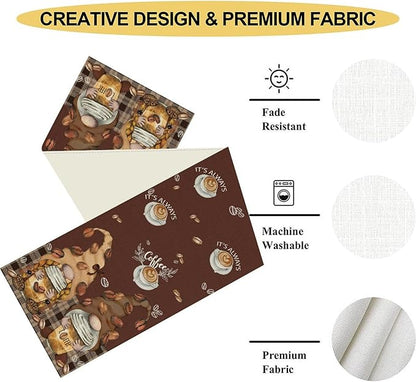 Coffee Time Table Runner, Farmhouse Retro Gnome Coffee Cup Tea Party Cafe Brwon Table Center Decor for Home Kitchen Dining Patio Holiday Party Indoor Outdoor Table Decorations,13"x36" Inch