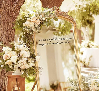 Wedding Sign Decal, Seating Chart Decal, Welcome Vinyl Wedding Mirror Decor, We're So Glad You're Here Seating Chart, Your Seat Awaits (Black, Width 20 inch)