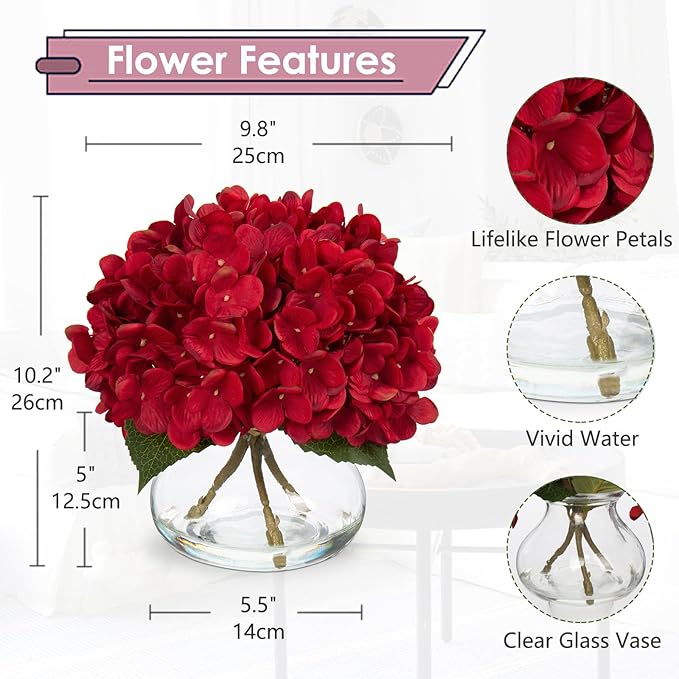 Hollyone Hydrangea Artificial Flowers in Vase Red Silk Fall Fake Flowers Arrangements with Glass Vase with Faux Water Faux Floral Bulk Bouquet for Office Table Centerpiece Shelf Home Decorations