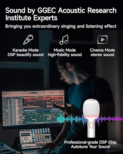 Wireless Bluetooth karaoke Microphone, 5-in-1 Portable Handheld Microphone for iPhone, Karaoke Microfono with Dynamic Lights for Car / Home Party, Music Record, Duet Singing Mic for Kids Adults-White
