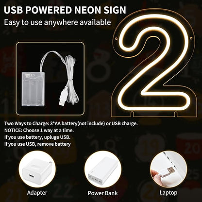 Number 2 LED Neon Sign Backdrop Birthday Party Decoration, 11.3" Height Warm White Marquee Number Two Light Up Sign for Wedding Anniversary Window Wall Table, Indoor Battery Operated or USB