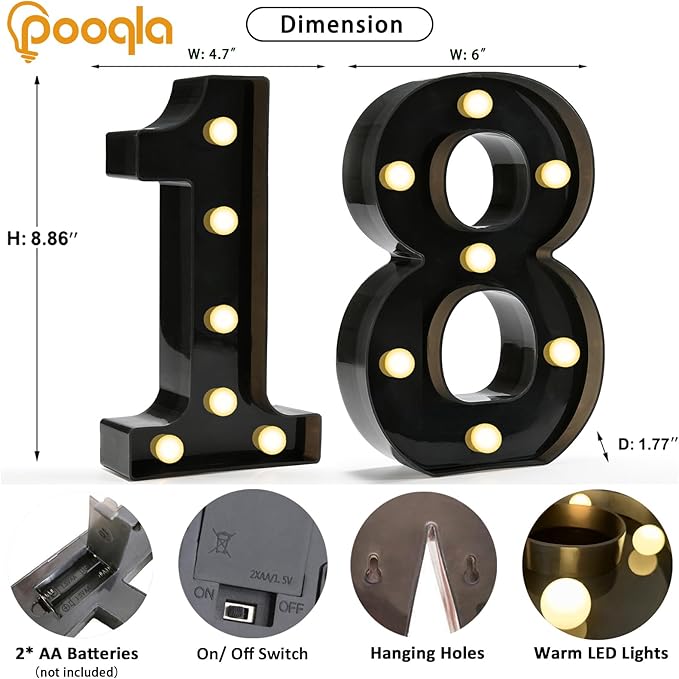 Pooqla Decorative Led Light Up Number Letters, Black Plastic Marquee Number Lights Sign for 18th Birthday Party Wedding Decor Battery Operated Black Decoration 18
