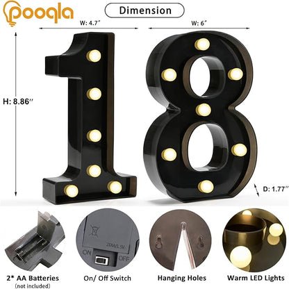 Pooqla Decorative Led Light Up Number Letters, Black Plastic Marquee Number Lights Sign for 18th Birthday Party Wedding Decor Battery Operated Black Decoration 18