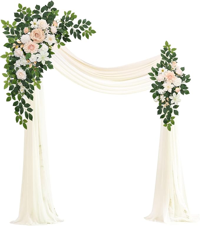 Artificial Wedding Arch Flowers Kit(Pack of 4),2Pcs Artificial Flower Arch Decor, 2Pcs Chiffon Fabric Drapes, Ceremony Decoration, Floral Outdoor Party Decor (Champagne & Cream)