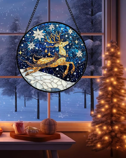 Stained Glass Window Hanging - Reindeer Blue Starry Sky Suncatcher for Doors Home Christmas Decoration Winter Sun Catcher Thanksgiving New Year Birthday Gifts for Women Men Mom Nana 6.3 in