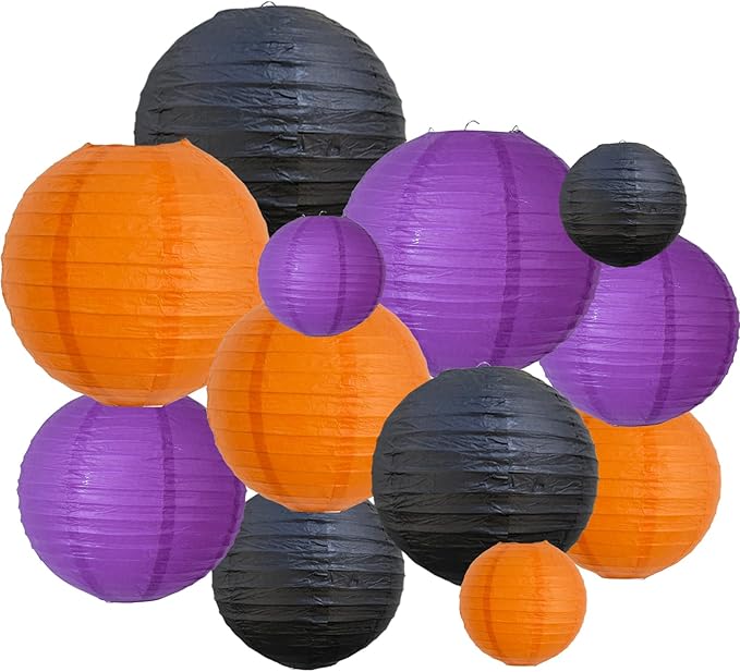 BEISHIDA 12Pcs Orange Purple Black Paper Lanterns Decorative Chinese/Japanese Hanging Round Paper Lanterns Lamp for Halloween，Birthday, Wedding, Christmas, Bridal,Home Decor, Party Decoration