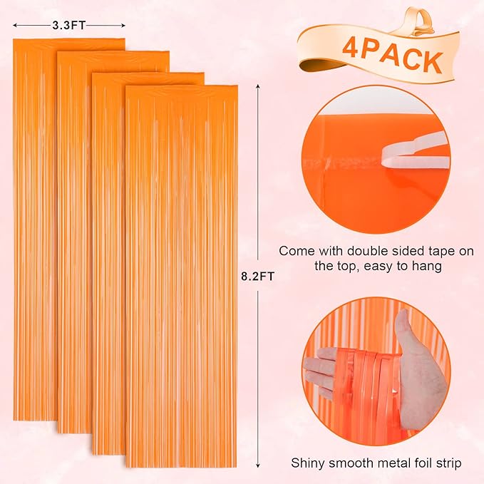 4 Pack Orange Foil Fringe Backdrop Curtains, Tinsel Streamers Birthday Party Decorations, Fringe Backdrop for Graduation, Baby Shower, Gender Reveal, Disco Party