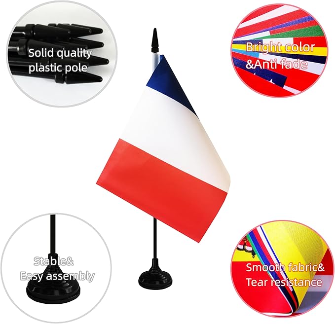 France Desk Flag, 12 Pack French Table Office Flag with Black Solid Pole and Stand Base, International Country Flag, Festival Celebration, Classroom Meeting Desktop Decor (France)