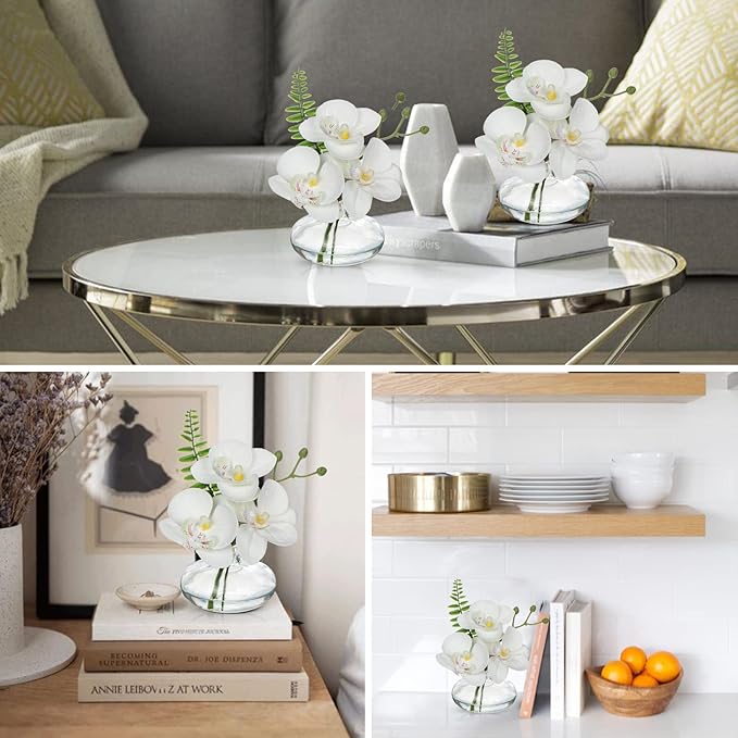 White Orchids Artificial Flowers Faux Orchids Arrangement in Clear Glass Vases Set of 3 Real Touch Phalaenopsis Orchid Flowers Small Fake Orchid Centerpiece for Dining Room Table